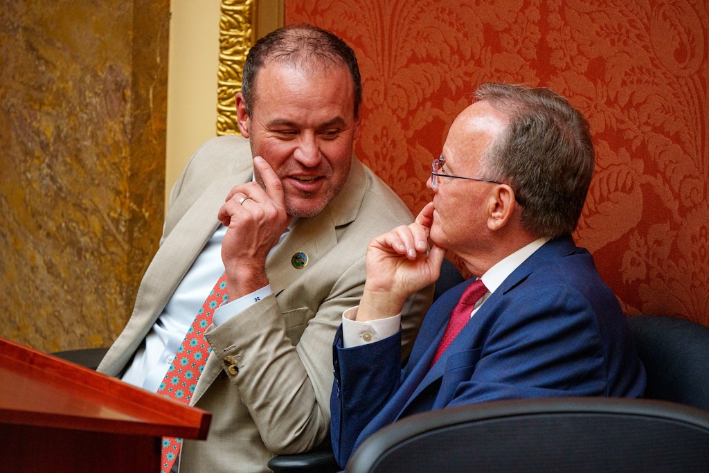(Trent Nelson  |  The Salt Lake Tribune) House Speaker Mike Schultz, R-Hooper, and Senate President Stuart Adams, R-Layton, at the Utah Capitol in Salt Lake City on Tuesday, Jan. 21, 2025.