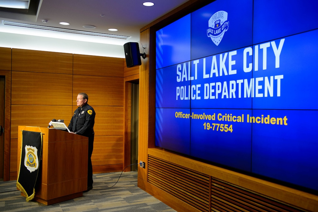 (Trent Nelson  |  The Salt Lake Tribune)  Captain Jeff Kendrick of the Salt Lake City Police Department speaks about an incident at a news conference in Salt Lake City on Friday May 17, 2019.