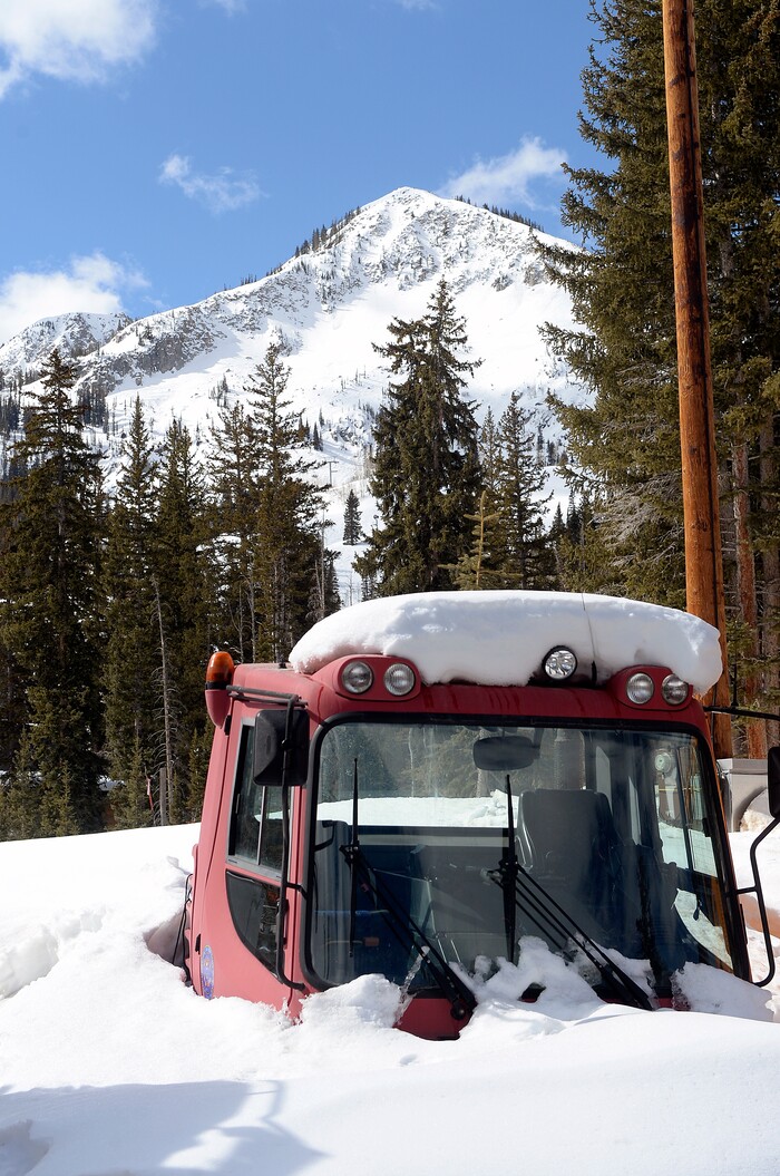 (Al Hartmann  |  The Salt Lake Tribune) 	
Snowcat is buried from the last major snow storm in Big Cottonwood Canyon Monday March 12.