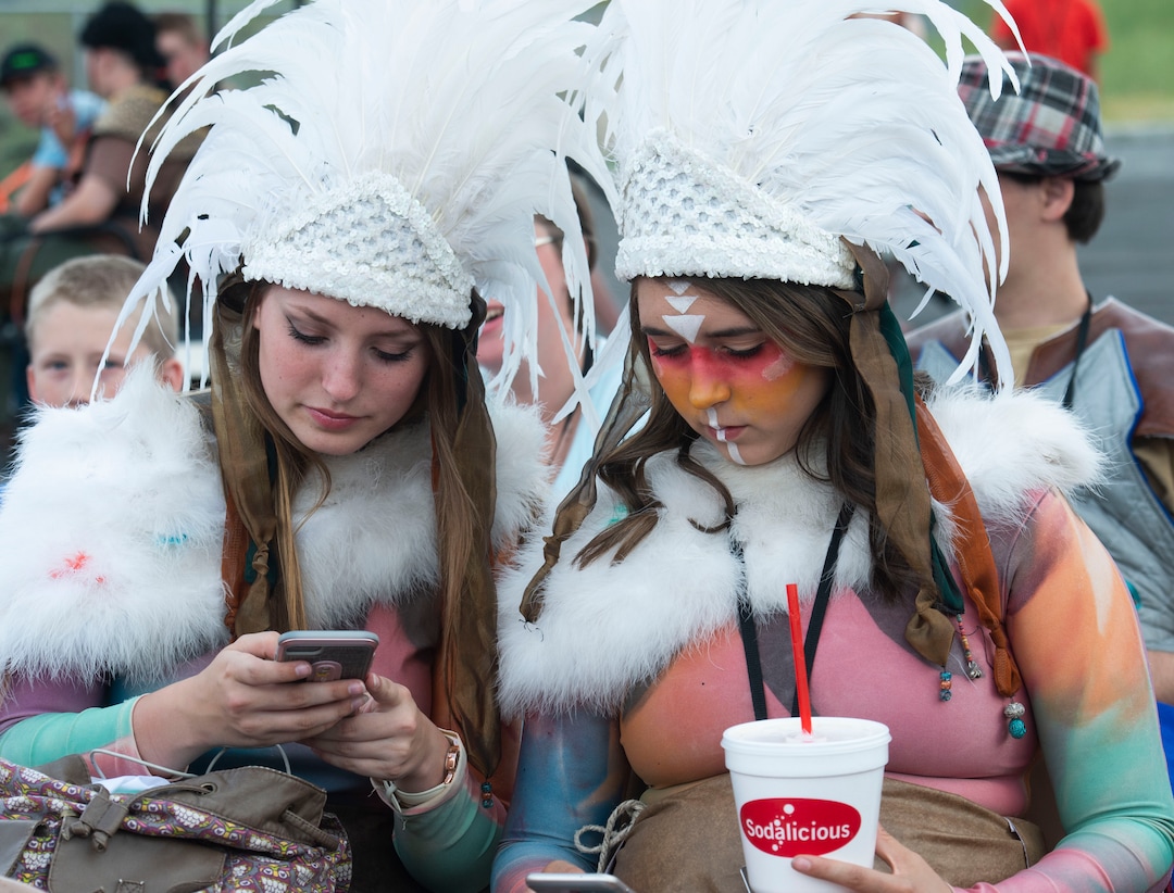 (Rick Egan  |  The Salt Lake Tribune)    Laminate dancers, Hope Marsing, 16, and Heather Abert, 17, pass the time before start of the Mormon Miracle Pageant, Wednesday, June 12, 2019.  The final run for the pageant continues through Saturday, June 22.