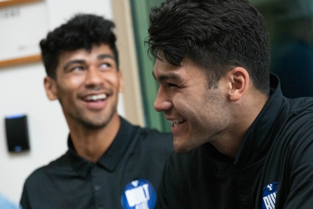 (Francisco Kjolseth | The Salt Lake Tribune) Wide receiver brothers Samson Nacua, left, and Puka joke around with reporters during BYU football media day in the BYU Broadcasting Building in Provo on Thursday, June 17, 2021.