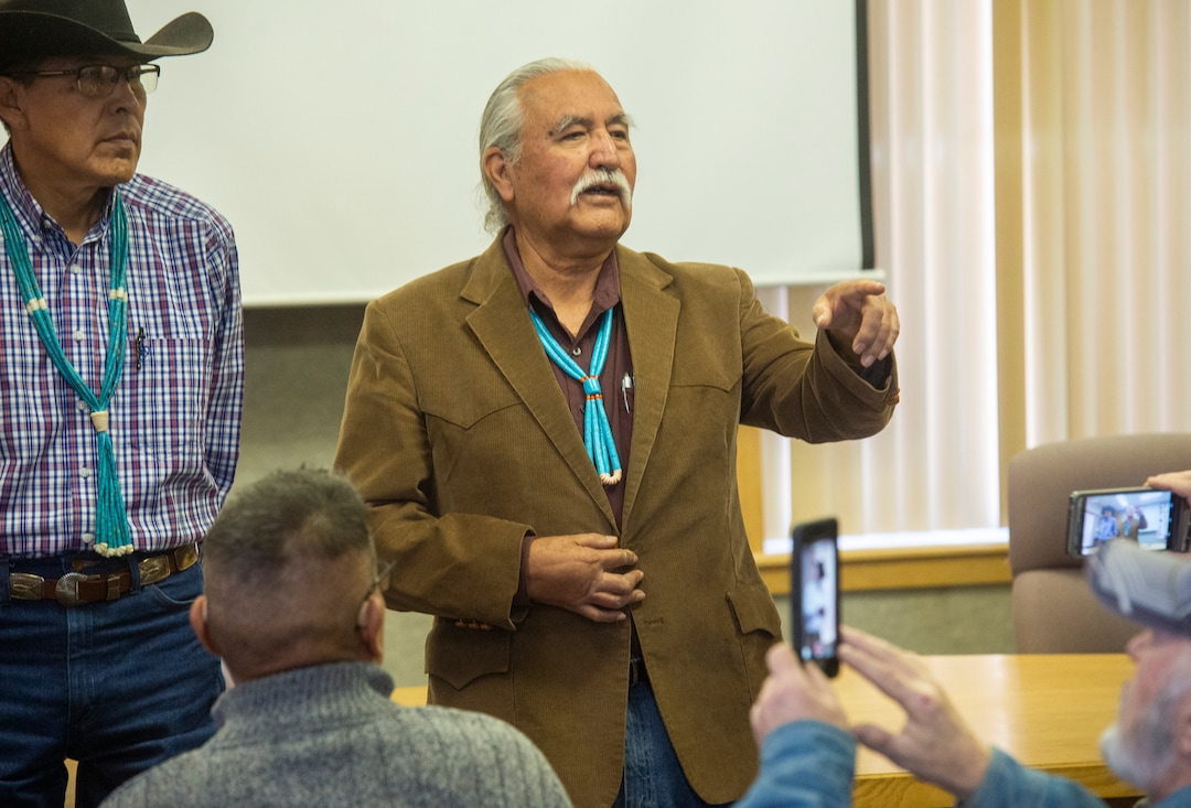 (Rick Egan  |  The Salt Lake Tribune)   Kenneth Maryboy and Willie Grayeyes thank their supporters, after being sworn in to the San Juan County Commission, at the San Juan County Courthouse in Monticello, Monday, Jan. 7, 2019.
