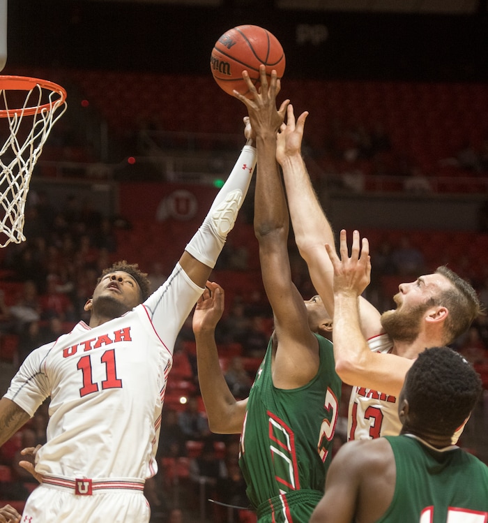 (Rick Egan  |  The Salt Lake Tribune)  Utah Utes forward Chris Seeley (11) and forward David Collette (13) go for a rebound, in basketball action Utah Utes vs. Mississippi Valley State Delta Devils, at the Jon M. Huntsman Center,  Monday, November 13, 2017.