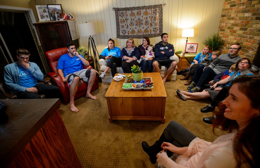 (Steve Griffin  |  The Salt Lake Tribune)  Provo mayoral candidate  Michelle Kaufusi, center holding baby, nervously waits for results on election night, with family and friends, in her Provo home Tuesday November 7, 2017. If victorious Kaufusi will make history as Provo's first female mayor. 