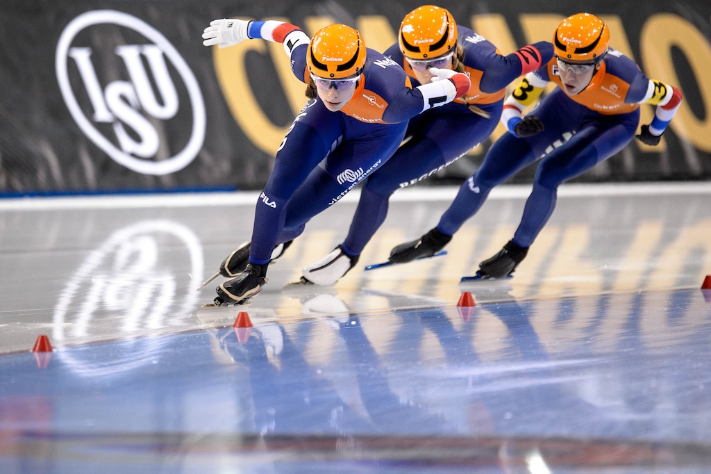 (Trent Nelson | The Salt Lake Tribune) Netherlands competes in Ladies Team Sprint at the ISU World Single Distances Speed Skating Championships at the Utah Olympic Oval in Kearns on Thursday, Feb. 13, 2020. From left, Femke Kok, Jutta Leerdam, and Letitia De Jong.