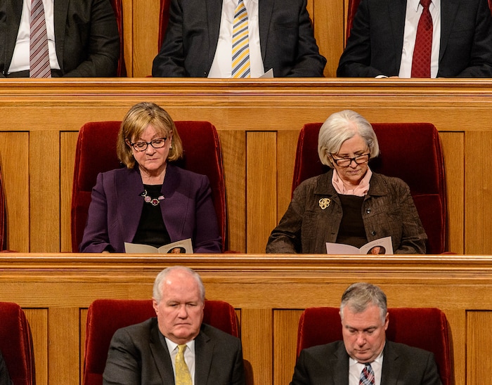 (Trent Nelson | The Salt Lake Tribune)  Young Women General President Bonnie L. Oscarson and Neill F. Marriott at funeral services for Elder Robert D. Hales at the Salt Lake Tabernacle in Salt Lake City Friday October 6, 2017.