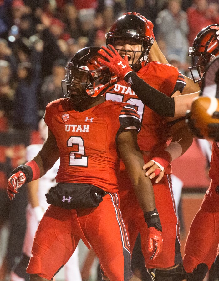 (Rick Egan  |  The Salt Lake Tribune)  utah celebrates after running back Zack Moss (2) scores his second touchdown of the night, in PAC-12 football action Utah Utes vs. Colorado Buffaloes at Rice-Eccles stadium, Saturday, November 25, 2017.