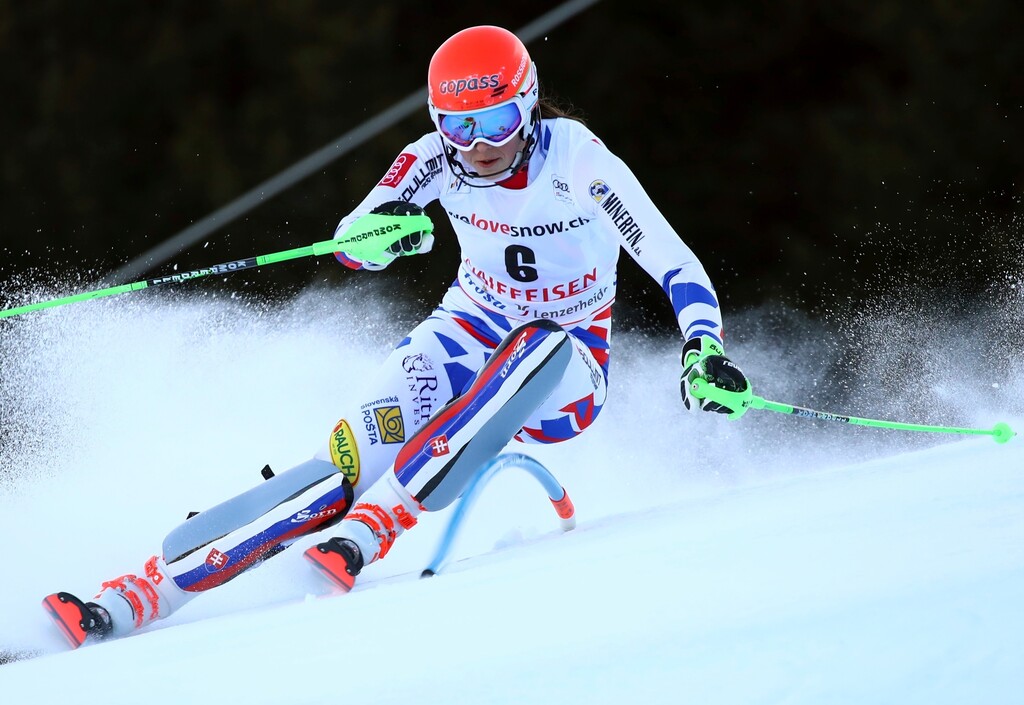 FILE - In this Jan. 28, 2018 file photo, Slovakia's Petra Vlhova speeds down the course during the first run of an alpine ski, women's World Cup slalom, in Lenzerheide, Switzerland. Vlhova is potential challenger to past gold medalist Mikaela Shiffrin, she was 18 - just like the American - at the Sochi Games, finishing no better than 19th. But she is now an established slalom racer, with two wins this season.  (AP Photo/Alessandro Trovati, File)