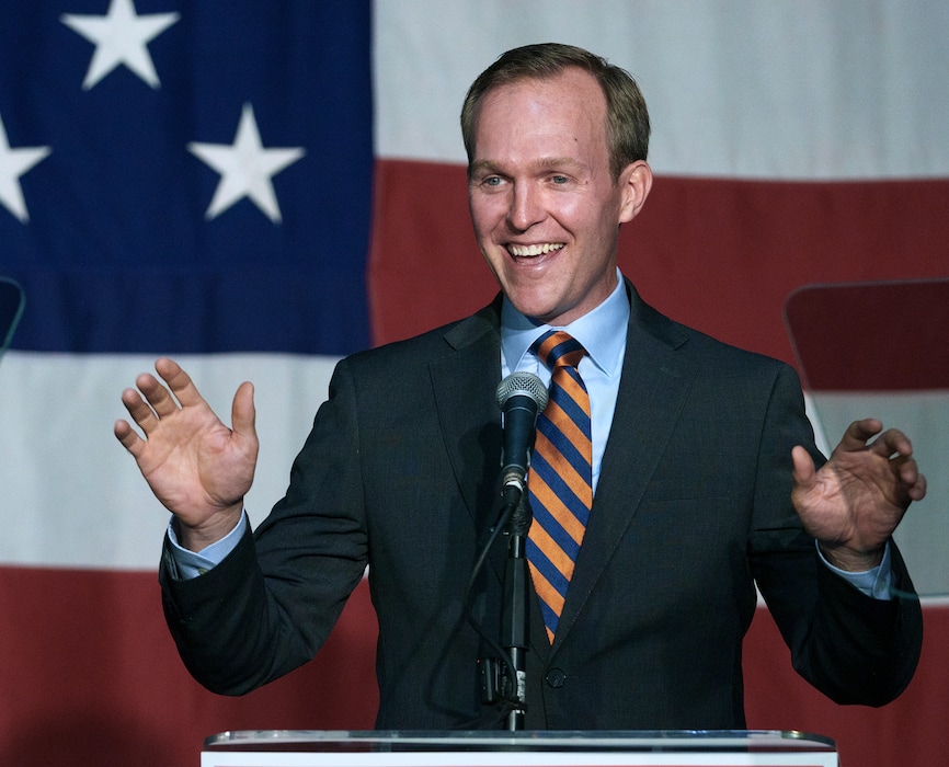 (Leah Hogsten | The Salt Lake Tribune) Ben McAdams, a Democrat who represented Utah’s 4th Congressional District from 2019 to 2021, addresses a crowd in Salt Lake City in 2022.