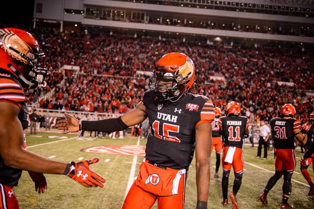 (Trent Nelson | The Salt Lake Tribune)  Utah Utes quarterback Jason Shelley (15) celebrates the win. Utah Utes host the Oregon Ducks, NCAA football at Rice-Eccles Stadium in Salt Lake City on Saturday Nov. 10, 2018.