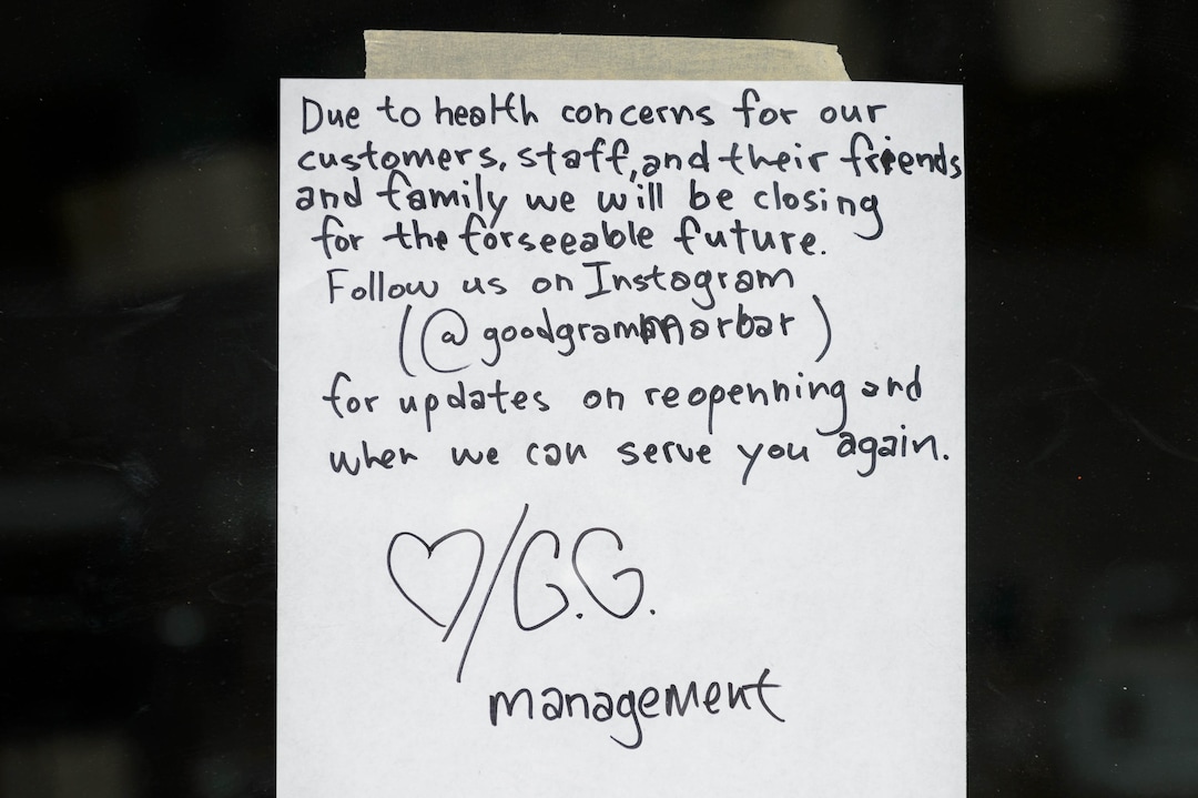 (Trent Nelson  |  The Salt Lake Tribune) A notice announcing the closure of Good Grammar, a bar in Salt Lake City on Monday, March 16, 2020.