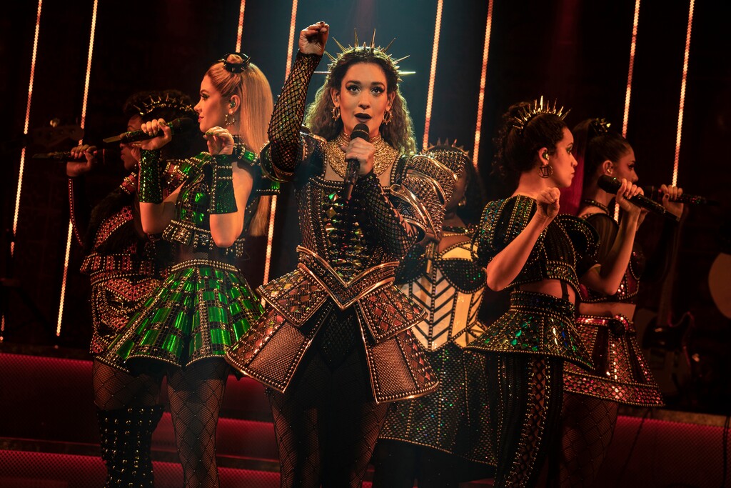 (Broadway at the Eccles) Gerianne Perez, center, plays Catherine of Aragon in the North American touring production of the Broadway musical "Six," a pop-concert telling of the stories of Henry VIII's six wives. It's scheduled to be performed at Salt Lake City's Eccles Theater, Jan. 9-21, 2024.