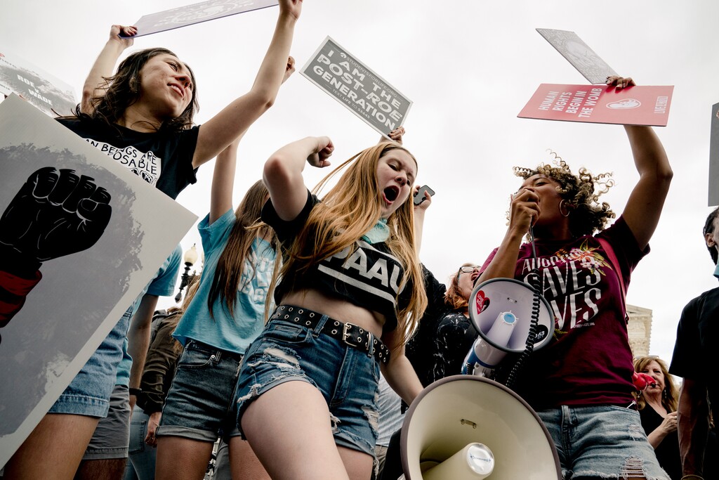 (Shuran Huang | The New York Times)
Anti-abortion demonstrators celebrate at the Supreme Court in Washington, on June 24, 2022. "In the aftermath of the anti-abortion movement's catastrophic victory, it's worth asking what we can learn from their tactics," writes New York Times columnist Michelle Goldberg.