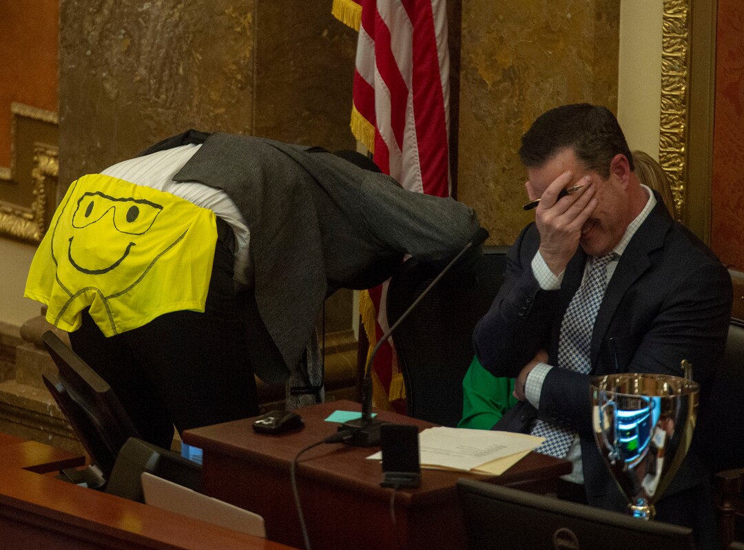 (Rick Egan  |  The Salt Lake Tribune)  Speaker of the House Brad Wilson reacts as Rep Scott Chewshows his backside to the crowd doing a skit, at the end of the 2019 legislative session, Thursday, March 14, 2019. 