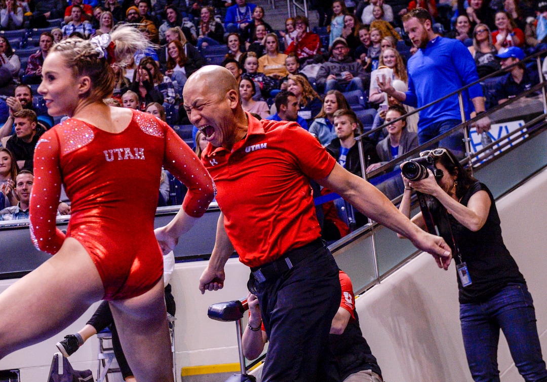 Leah Hogsten  |  The Salt Lake Tribune Utah's co-head coach Tom Farden celebrates MyKayla Skinner's performance on the vault as No. 3 University of Utah gymnastics team meets BYU gymnastics at the Marriot Center, Jan. 10, 2019.