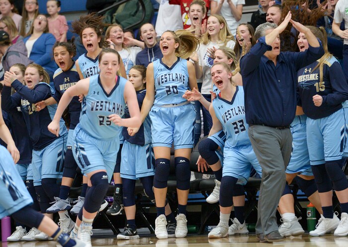 (Leah Hogsten  |  The Salt Lake Tribune) Westlake celebrates Westlake's Tatum Peterson's (23) 3-pointer in overtime to bring them within two points of Fremont. Fremont defeated Westlake 54-50 in their semifinal game of the 6A High School Girls' Basketball Tournament at SLCC in Taylorsville, Friday, Feb. 23, 2018. 