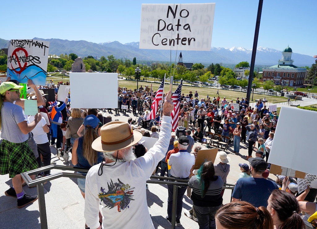 (Chris Samuels | The Salt Lake Tribune) People protest the Stratos data center project at the Capitol in Salt Lake City, Thursday, May 14, 2026.
