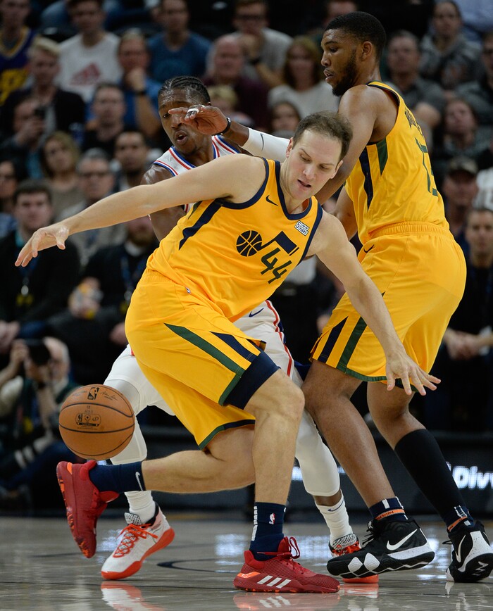 (Francisco Kjolseth  |  The Salt Lake Tribune)  Utah Jazz forward Bojan Bogdanovic (44) turns to regain control of a ball as the Utah Jazz host the Philadelphia 76ers in their NBA basketball game at Vivint Smart Home Arena in Salt Lake City on Wednesday, Nov. 6, 2019.