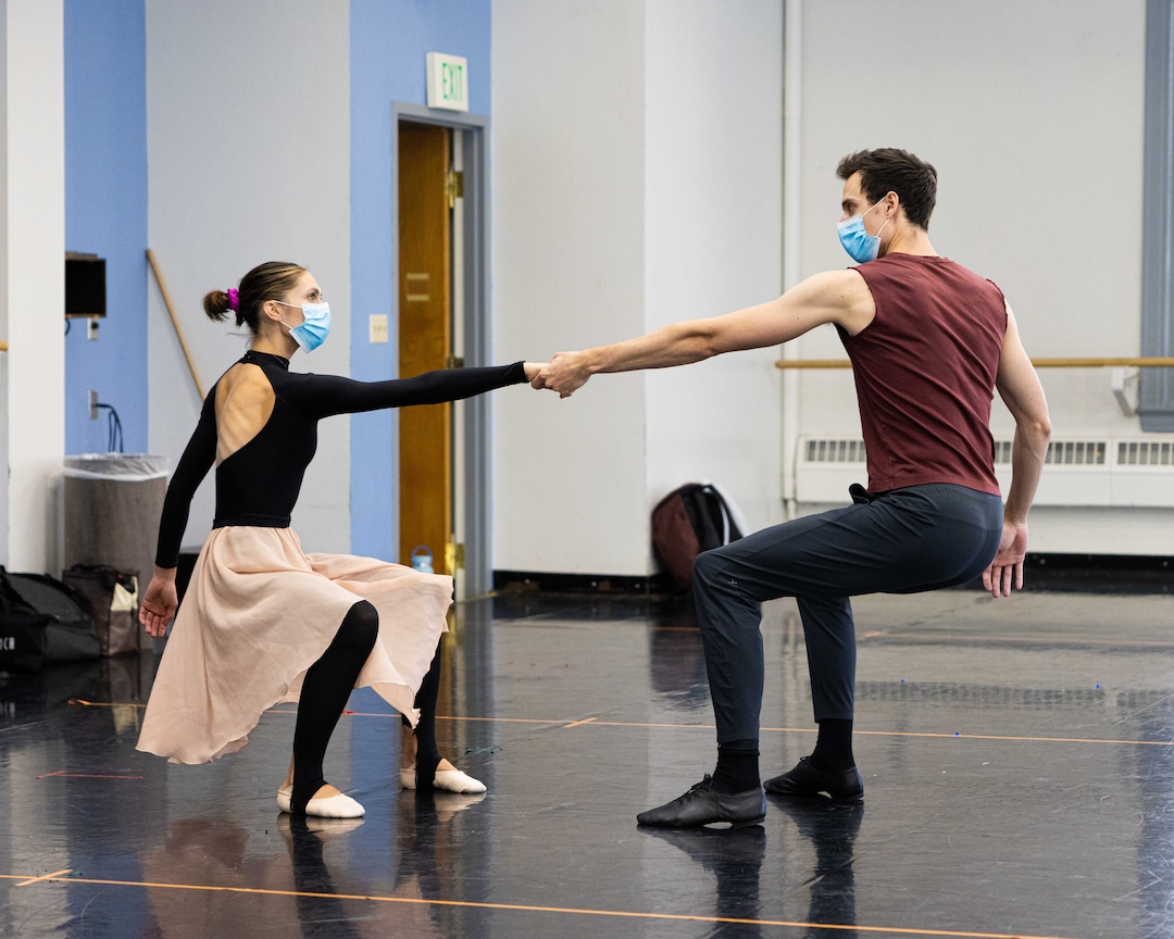 (Beau Pearson  |  courtesy of Ballet West) Principal artists Beckanne Sisk, left, and Chase O'Connell rehearse, in socially distanced conditions, for Ballet West's season opener, "Nine Sinatra Stories." Because of COVID-19 restrictions, only married and cohabitating dancers are performing duets for this show.