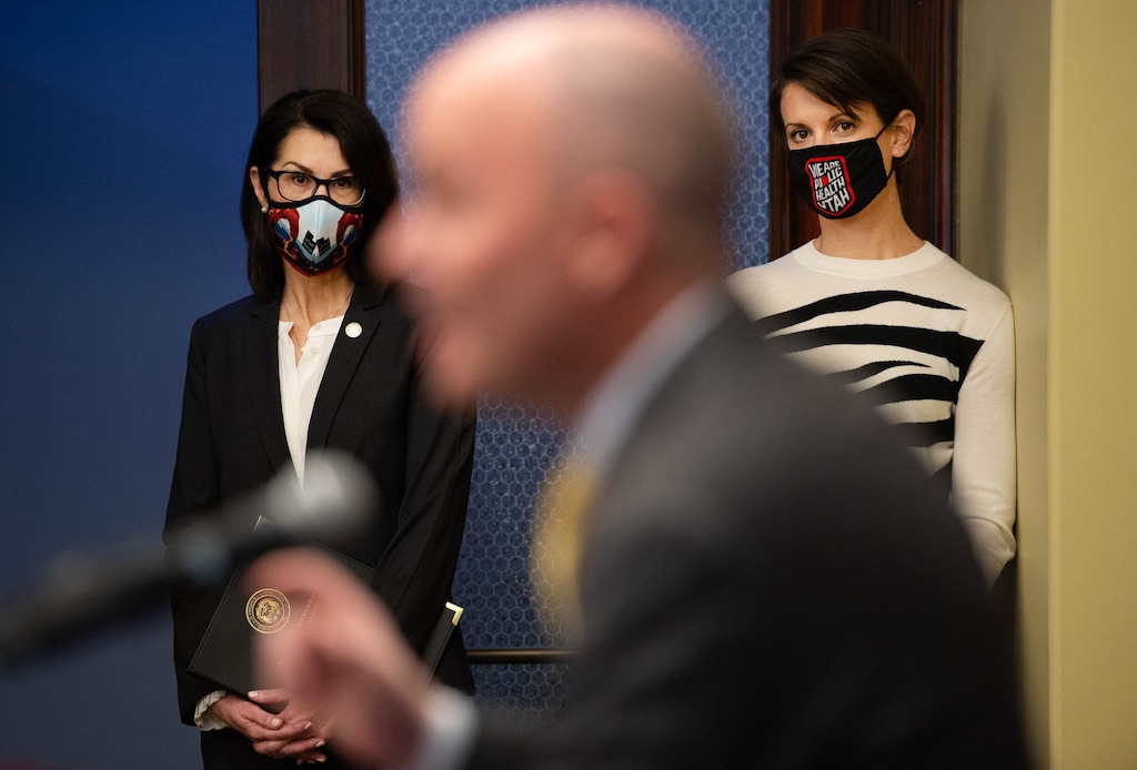 (Francisco Kjolseth | The Salt Lake Tribune) Lt. Gov. Deidre Henderson, left, Gov. Spencer Cox and and state epidemiologist Dr. Angela Dunn take turns answering questions in the ongoing pandemic during a news conference in Salt Lake City on Thursday, March 11, 2021.