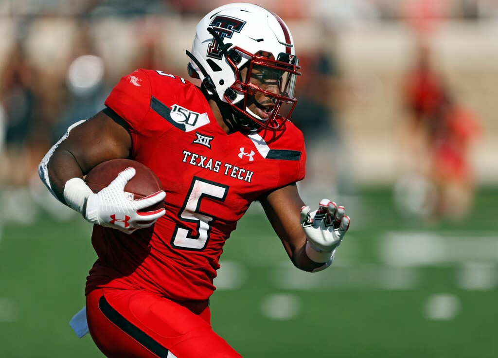 Texas Tech's Armand Shyne runs with the ball during the second half of the team's NCAA college football game against Montana State, Saturday, Aug. 31, 2019, in Lubbock, Texas. (Brad Tollefson/Lubbock Avalanche-Journal via AP)