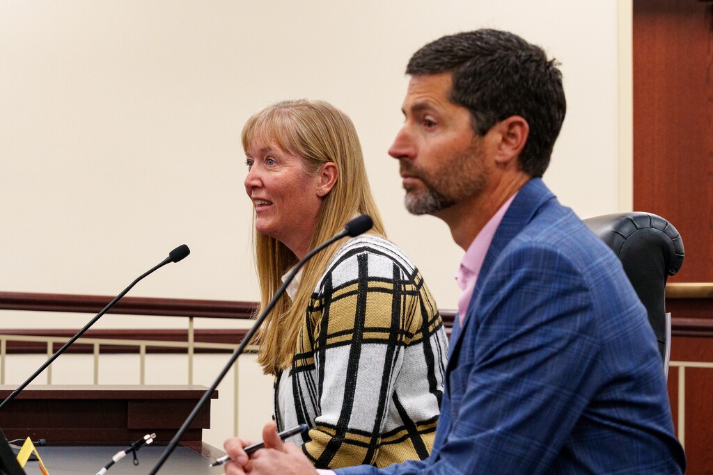 (Trent Nelson  |  The Salt Lake Tribune) Kristen and Shayn Bowler of Utah Natural Meat & Milk testify as the House Natural Resources, Agriculture, and Environment Standing Committee considers Rep. Cheryl Acton's legislation on raw milk, at the Utah Capitol in Salt Lake City on Friday, Feb. 14, 2025.