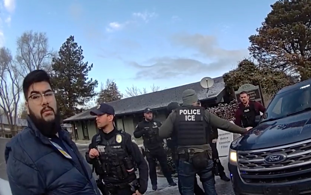 (Unified Police Department) Body camera footage shows Brandon Colin, left, after he was detained by U.S. Immigration and Customs Enforcement agents in Millcreek on Jan. 26, 2025.