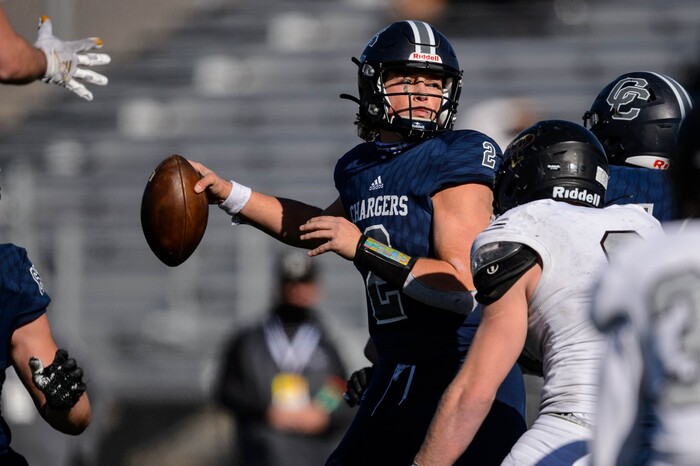 (Trent Nelson  |  The Salt Lake Tribune) Corner Canyon's Jaxson Dart during the 6A state football championship game against Lone Peak at Cedar Valley High School in Eagle Mountain on Friday, Nov. 20, 2020.
