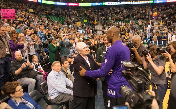 Rick Egan  |  The Salt Lake Tribune

Los Angeles Lakers forward Kobe Bryant hugs Gail Miller, before his last basketball game in Utah, as the Utah Jazz played the The Los Angeles Lakers, in Salt Lake City, Monday, March 28, 2016.