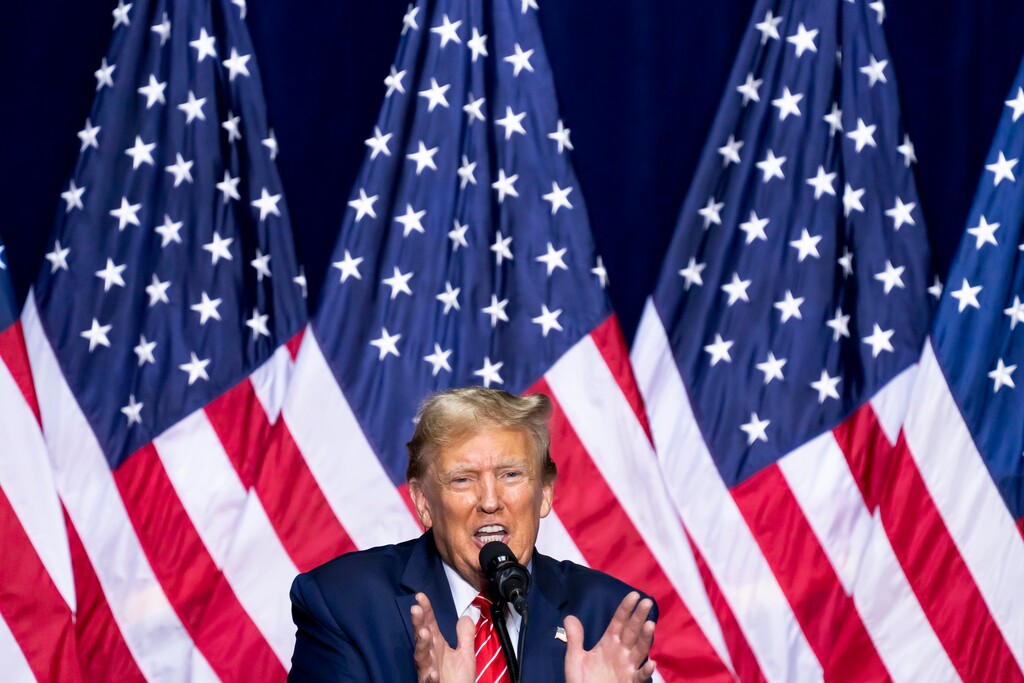 (Nicole Craine | The New York Times) Former President Donald Trump speaks at a campaign rally in Rome, Ga., on March 9, 2024.