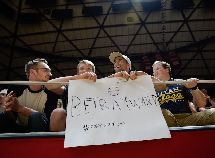 (Francisco Kjolseth | The Salt Lake Tribune) Utah Jazz fans Dallas and Nick McMurtrey, Andrew Remvacz and Dillan Taylor, from left, express their displeasure with Gordon Hayward as the Jazz take on the Celtics during the NBA Summer league basketball game at the Huntsman Center, July 6, 2017, in Salt Lake City.