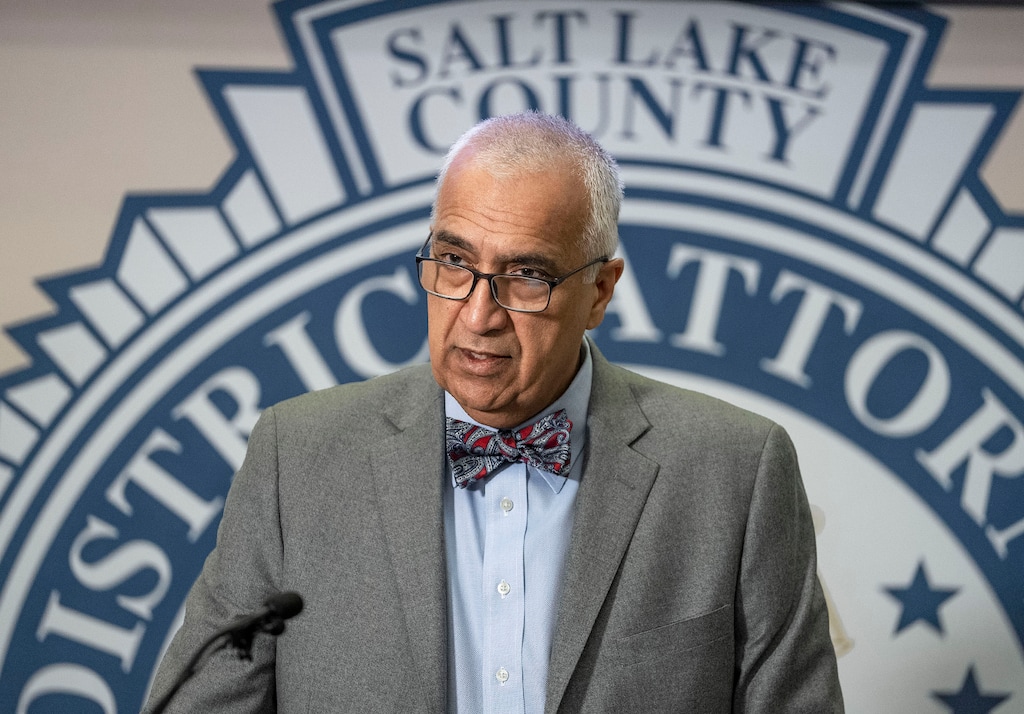 (Leah Hogsten | The Salt Lake Tribune) Salt Lake County District Attorney Sim Gill speaks during a news conference on Friday, March 10, 2023. Gill ruled on May 12 that two officers were justified when they shot a man who had pointed a shotgun at them in July 2022.