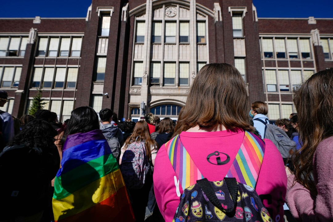 (Francisco Kjolseth | The Salt Lake Tribune) Students at West High School stage a walkout during second period on Wednesday, April 6, 2022 to protest HB11, which bans transgender girls from participating in female school sports.