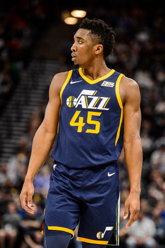 (Trent Nelson | The Salt Lake Tribune)  Utah Jazz guard Donovan Mitchell (45) as the Utah Jazz host the Chicago Bulls, NBA basketball in Salt Lake City Wednesday November 22, 2017.