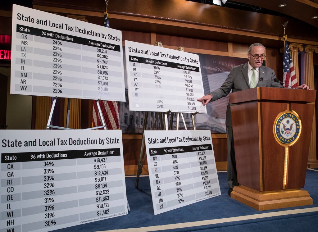 Senate Minority Leader Chuck Schumer, D-N.Y., uses charts to contest the Republican version of tax reform, during a news conference on Capitol Hill in Washington, Thursday, Oct. 5, 2017. (AP Photo/J. Scott Applewhite)