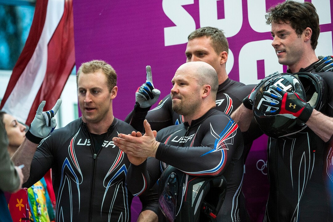 KRASNAYA POLYANA, RUSSIA  - JANUARY 23:USA's Steven Holcomb, Chris Fogt, Curtis Tomasevicz, and Steve Langton, celebrate after the four-man bobsled at Sanki Sliding Center during the 2014 Sochi Olympics Sunday February 23, 2014. They won the bronze medal with a cumulative time of 3:40.99. (Photo by Chris Detrick/The Salt Lake Tribune)