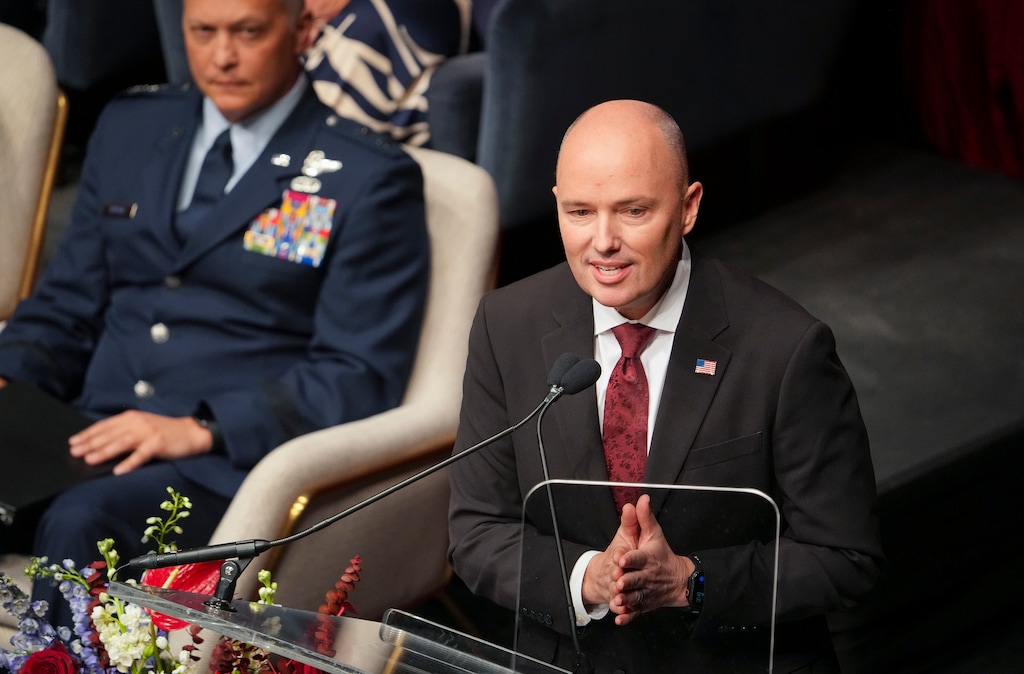 (Bethany Baker  |  The Salt Lake Tribune) Gov. Spencer Cox gives an address during his inauguration ceremony in Salt Lake City on Wednesday, Jan. 8, 2025.