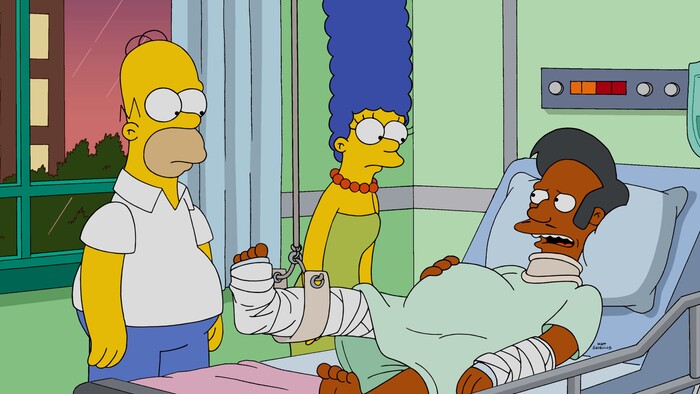 (Photo courtesy of Fox) Homer, Marge and Apu in “The Simpsons” episode “Much Apu About Something.”