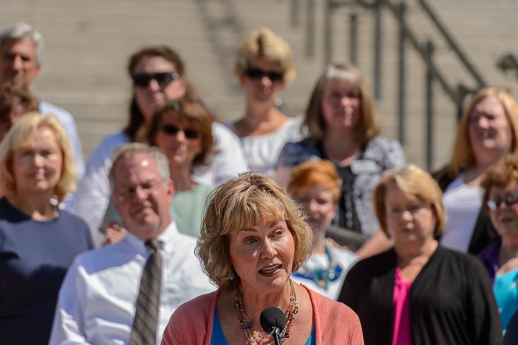 (Trent Nelson  |  Tribune file photo) Sheryl Allen speaks at a news conference in Salt Lake City Tuesday June 27, 2017, announcing the filing of a lawsuit challenging the 2016 law establishing partisan elections for the Utah State Board of Education. Senate Bill 78, “State Board of Education Candidate Selection,” was sponsored by Senator Ann Milner and will go into effect for state school board races starting in 2018.