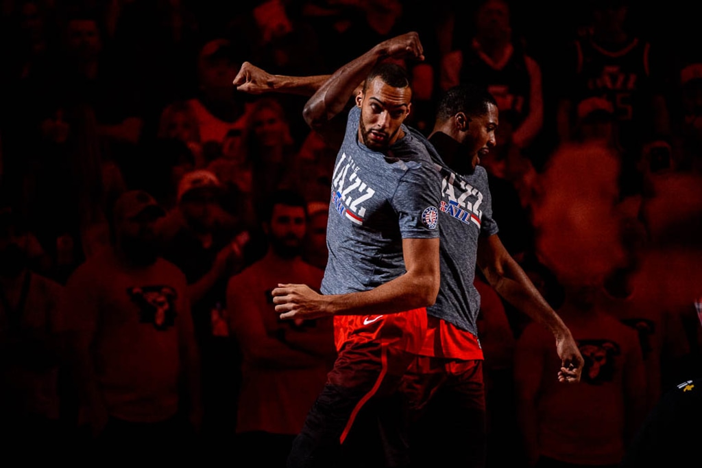 (Trent Nelson | The Salt Lake Tribune)  Utah Jazz center Rudy Gobert (27) and Utah Jazz forward Derrick Favors (15) during player introductions. Utah Jazz vs. Boston Celtics, NBA basketball in Salt Lake City on Friday Nov. 9, 2018.