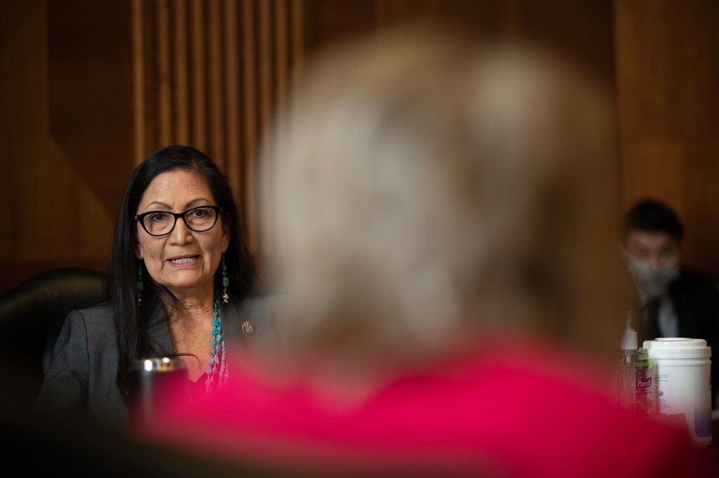 (Jim Watson | Pool via AP) Rep. Deb Haaland, D-N.M., speaks during the Senate Committee on Energy and Natural Resources hearing on her nomination to be Interior Secretary, Tuesday, Feb. 23, 2021 on Capitol Hill in Washington.