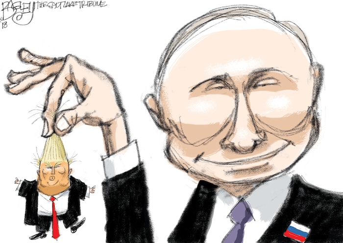 This Pat Bagley cartoon, titled “Dangling Donald” appears in The Salt Lake Tribune on Wednesday, Jan. 31, 2018.