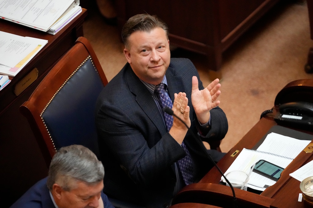 (Rick Bowmer | AP file photo) Republican state Sen. Todd Weiler looks on as he sits on the Senate floor on March 2, 2023, at the Utah State Capitol in Salt Lake City. A law requiring porn sites verify the age of their users takes effect on Wednesday, May 3, 2023, in Utah. Its implementation comes days after Pornhub blocked its site and videos in Utah in protest.