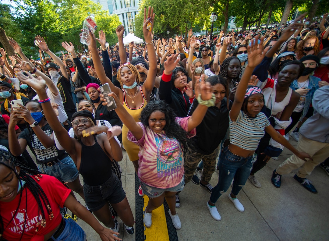 (Rick Egan  |  The Salt Lake Tribune)  The crowd dances as Joshy. Soul performs at Washington Square in Salt Lake City during the Juneteenth Celebration, on Friday, June 19, 2020.