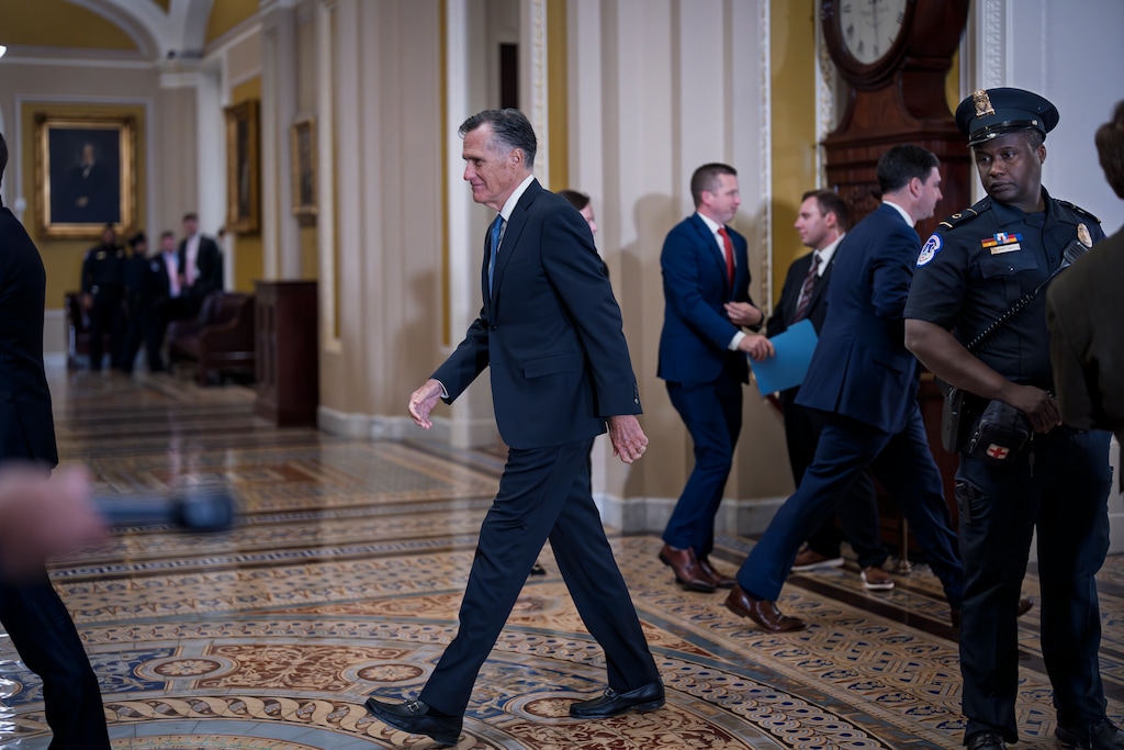 (J. Scott Applewhite | AP) Sen. Mitt Romney, R-Utah, walks to the chamber for votes, at the Capitol in Washington, Wednesday, Nov. 13, 2024.