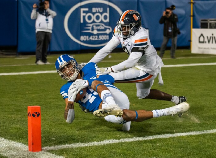 (Trevor Christensen | Special to The Tribune)
Brigham Young University’s Samson Nacua pulls in a catch for a touchdown against Virginia’s Darrius Bratton during the first half at LaVell Edwards Stadium on Saturday, Oct. 30, 2021, in Provo, Utah.
