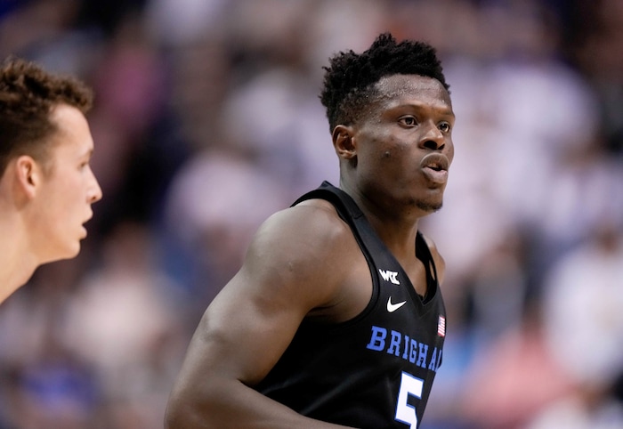 (Francisco Kjolseth | The Salt Lake Tribune) Brigham Young Cougars forward Gideon George (5) competes against the Westminster Griffins at the Marriott Center in Provo, Wednesday, Dec. 29, 2021.