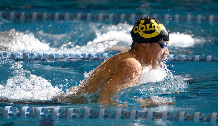 (Francisco Kjolseth | The Salt Lake Tribune) Blayze Kimble of Cottonwood swims to a first win in the Men 200 Yard IM at the high school swimming 5A State Championships in Bountiful, Friday February 9, 2018.