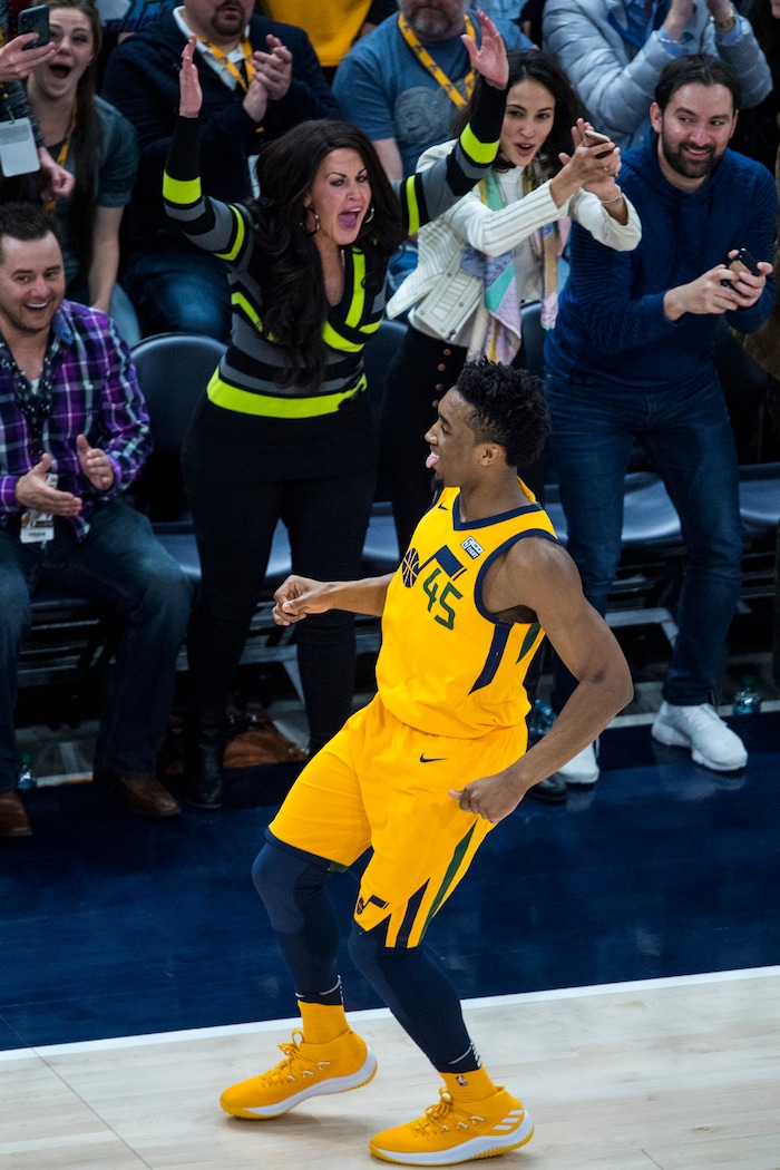 (Chris Detrick  |  The Salt Lake Tribune)  Utah Jazz guard Donovan Mitchell (45) reacts after scoring a three-pointer during the game at Vivint Smart Home Arena Thursday, March 15, 2018. 