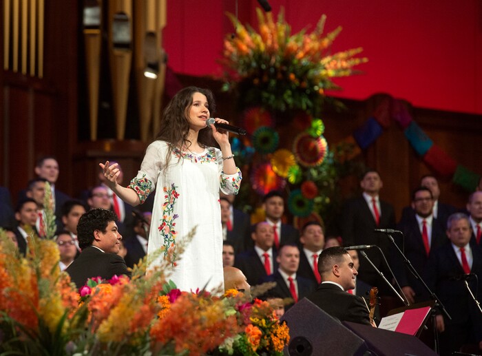 (Rick Egan  |  The Salt Lake Tribune)  Rebeca Lopez sings during a rehearsal for “Luz de las Naciones", an annual cultural celebration for Latino youth hosted by the LDS Church, Saturday, Feb. 24, 2018.